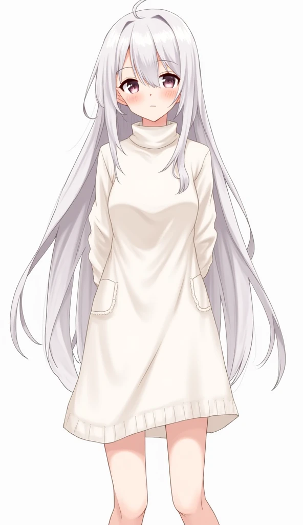 Anime girl with her hair is long white and flowing in loose locks with some subtle waves.  The bangs are irregular , with strands of different lengths falling on the forehead. Some strands are separated from the rest. Full body wearing white dress and wool...