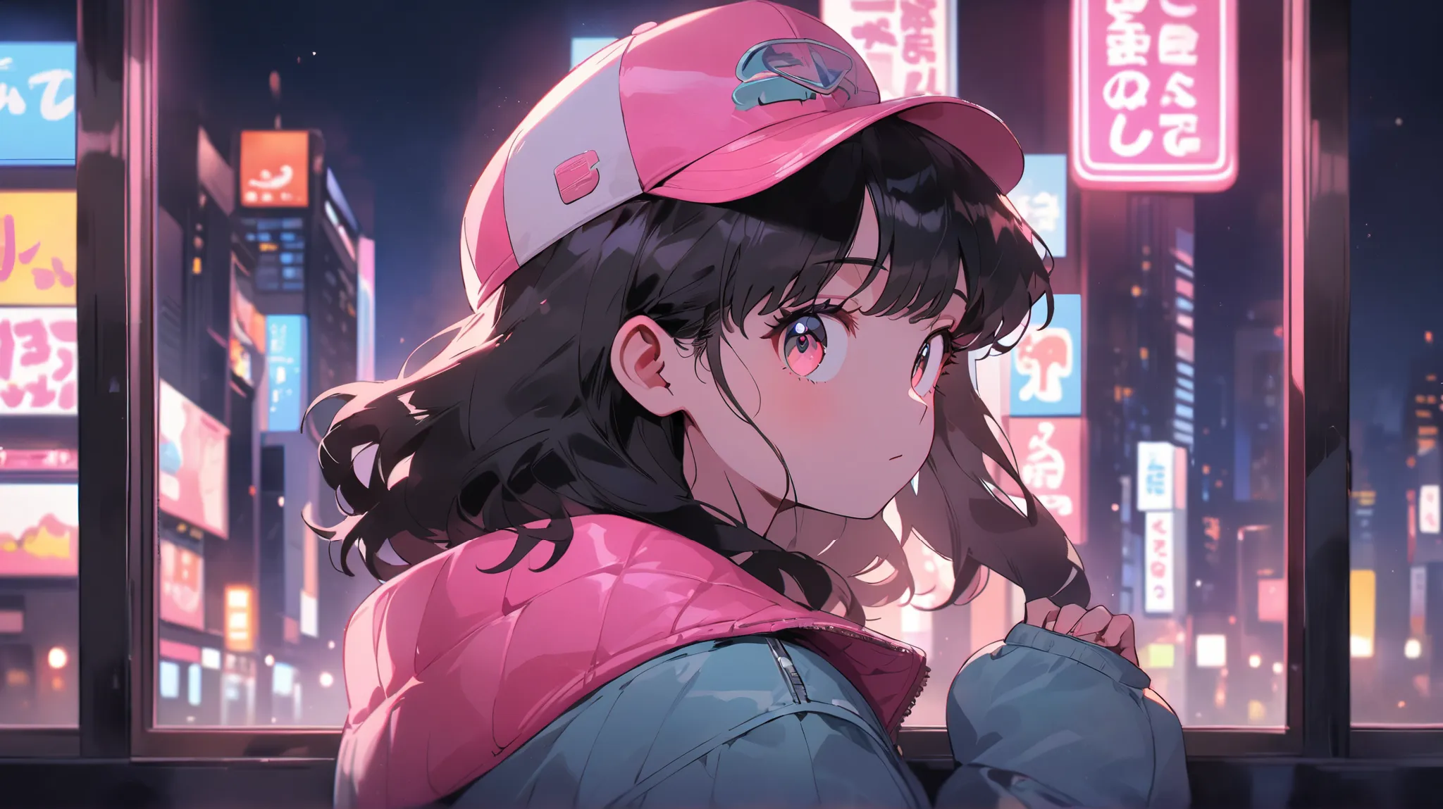 anime style, Retro City Pop, 80s Style, Beautiful Girl, long black hair,  cap,  big eyes,  jacket,  night view,  Tokyo skyscrapers , neon light, View from the window, Chill atmosphere , Lo-fi Music, city pop album cover, Nostalgic,  Future City, Cool and c...