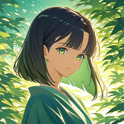 Create a black haired, green-eyed girl anime with long bob hair, a long bob hairstyle with an undercut undercut and a gradient of hair layers for volume. The bangs open the forehead.