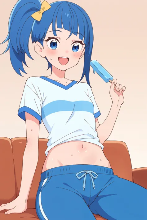 1 girl, solo, sweat, on the couch, jersey pants, white t-shirt, small breasts, pointy breasts, Eat a popsicle, happy, ((blush)), from below, score_9, score_8_up, score_7_up, 1girl, sora harewataru, blue hair, side ponytail, yellow bow, blue eyes, shiny ski...