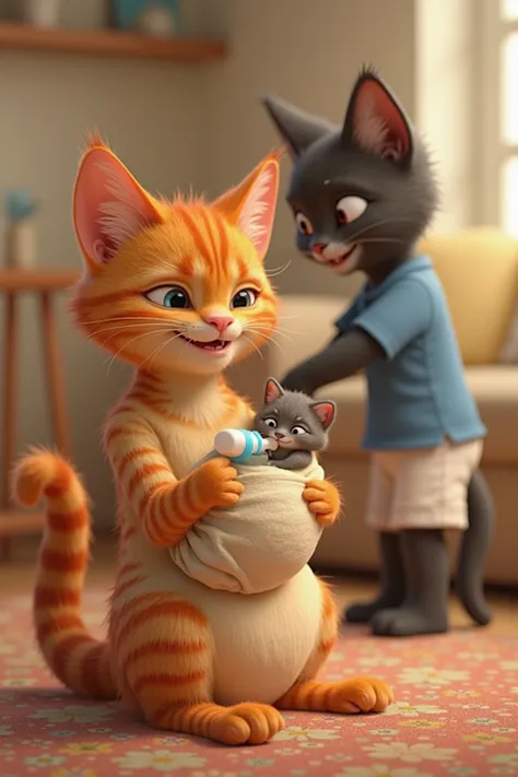 In 3d Pixar animation.
Character, an orange tabby cat wearing a beige dress. 
Character, a black tabby cat with blue shirt and white shorts 
Action, orange cat smiling feeding a swaddled baby kitten in her arm using a milk bottle. Sitting on the sofa. Blac...