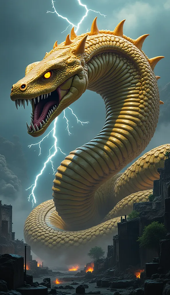 A colossal, serpentine kaiju with an enormous coiling body, its iridescent golden scales reflecting the lightning-filled sky. Its multiple glowing eyes pulse with an eerie, hypnotic energy, and its massive cobra hood flares wide, displaying an intricate pa...