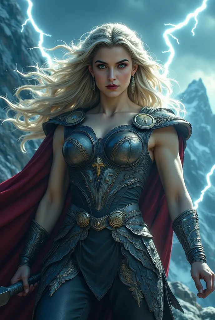 Lady thor, norse god of thunder, big boobs, muscular warrior wielding mjölnir, surrounded by lightning bolts, intense and fierce expression, viking armor with intricate details, windswept blonde hair, cape flowing dramatically, mountainous stormy backgroun...