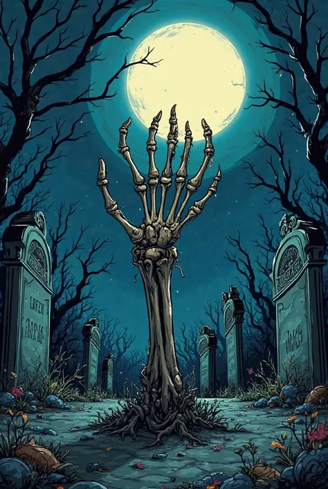 Night cemetery in the moonlight. A dead man's hand comes out of the ground. Cartoon comic style 