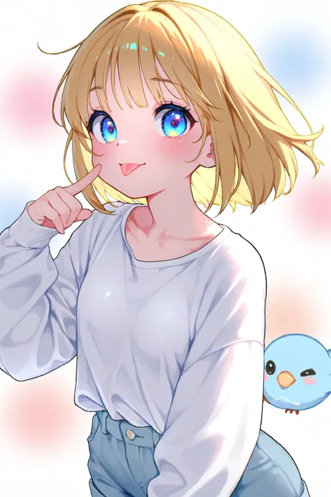 Blonde Hair Color、short bob、big white shirt、Wide-mouthed sleeves、 light blue shorts、 small tits、 blue eyes、 colorful eyes、 Long Sleeve、Pull your tongue out of your small mouth、I'm putting my index finger of my right hand under my right eye、white shirt with...