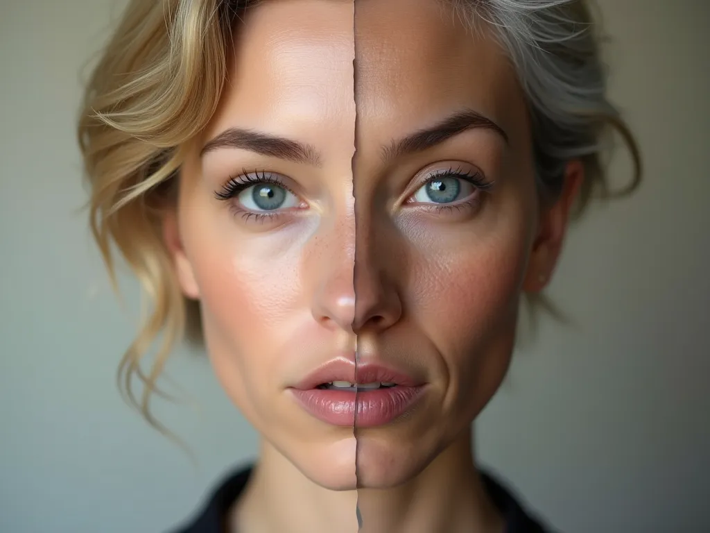 "A highly detailed and realistic portrait of a person with a striking face swap effect. The left half of the face belongs to a young woman with smooth skin, bright blue eyes, and short blonde hair, while the right half belongs to an older man with wrinkles...