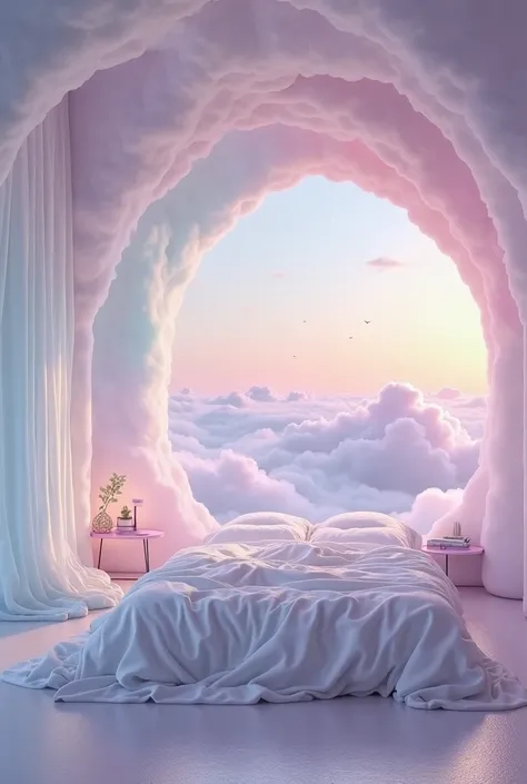 The bedroom design embodies the soft, dreamlike essence of a colorful cloud drifting slowly through the sky. Cloud-like architectural elements, mimicking the graceful form of clouds. Gentle gradients of pastel hues—misty blues, blush pinks, and lavender—fl...