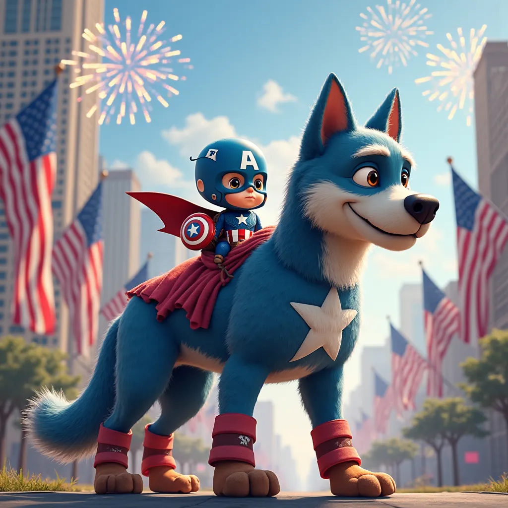 Ful altra hd image,_A giant, muscular dog inspired by Captain America, with smooth blue fur covering its body, bold white stripes running along its sides, and a large white star proudly displayed on its chest. The dog’s front legs have red and white bands,...