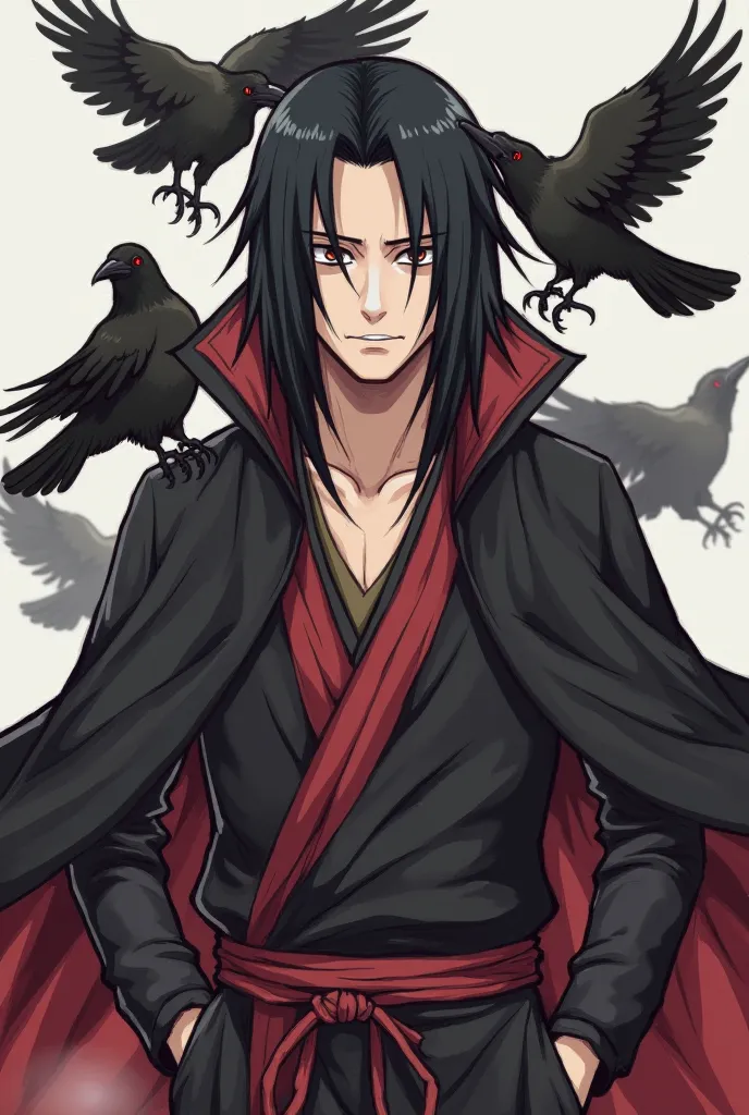 Yes, the illustration depicts Itachi Uchiha, a popular character from Naruto. He is shown in his signature outfit with a calm yet intense expression, surrounded by crows, which symbolize his genjutsu abilities. The artwork captures his mysterious and power...