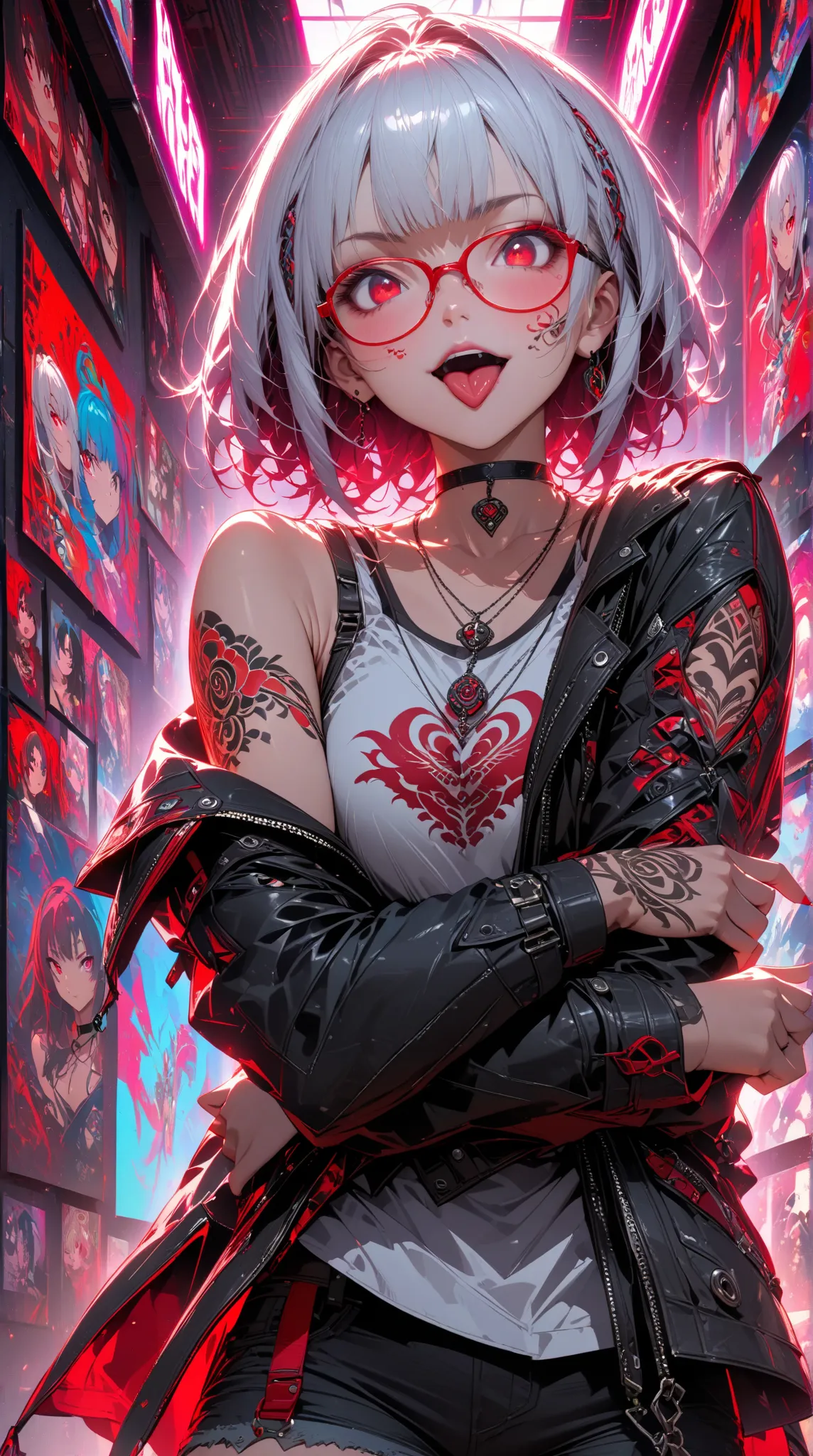 Anime girl with white hair, youthful, East Asian features,  making a peace sign with one hand, wearing red-framed glasses, a white tank top,  black denim shorts, and a black jacket.  Detailed, intricate tattoos cover her arms and torso; they feature a vari...