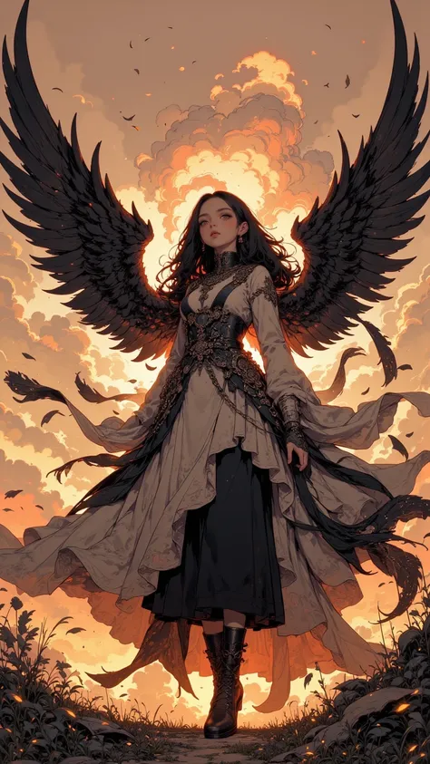 illustration of an angel woman flapping her wings in the sky,Lots of feathers fluttering all over the screen,eXpress strength and tension,The camera's gaze creates confidence and determination with a flame effect,Drawing wings fluttering in the wind,depict...