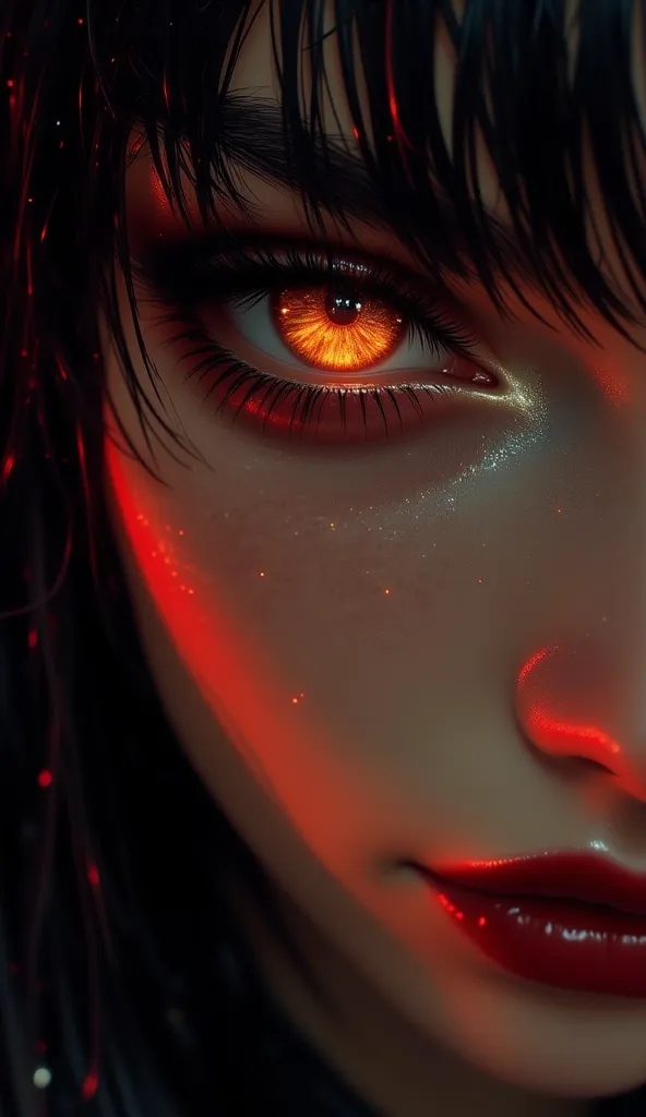  style of cksc,, This digital painting is an intense, atmospheric portrait bathed in deep crimson and obsidian tones, streaked with glimmers of molten gold. The extreme close-up fixates on a single, hypnotic amber eye, its fractured crystalline details cat...