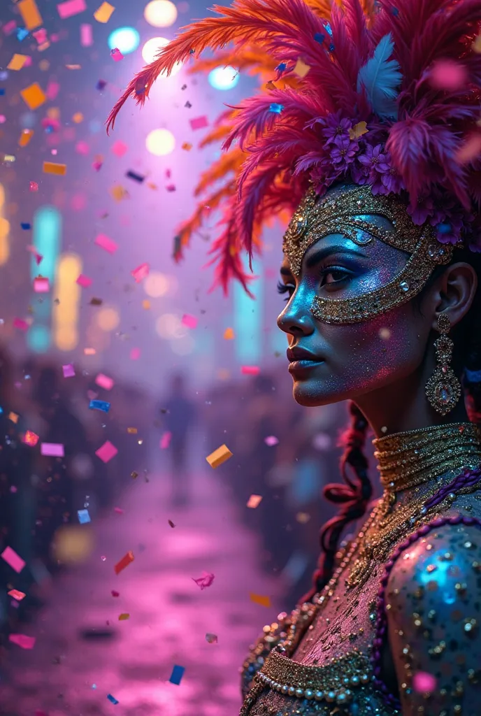 A vibrant and festive background inspired by Carnival, full of bright colors and iconic elements of the celebration. The scene must be full of confetti and colorful streamers floating in the air., creating an atmosphere of joy and emotion. Máscaras de Carn...