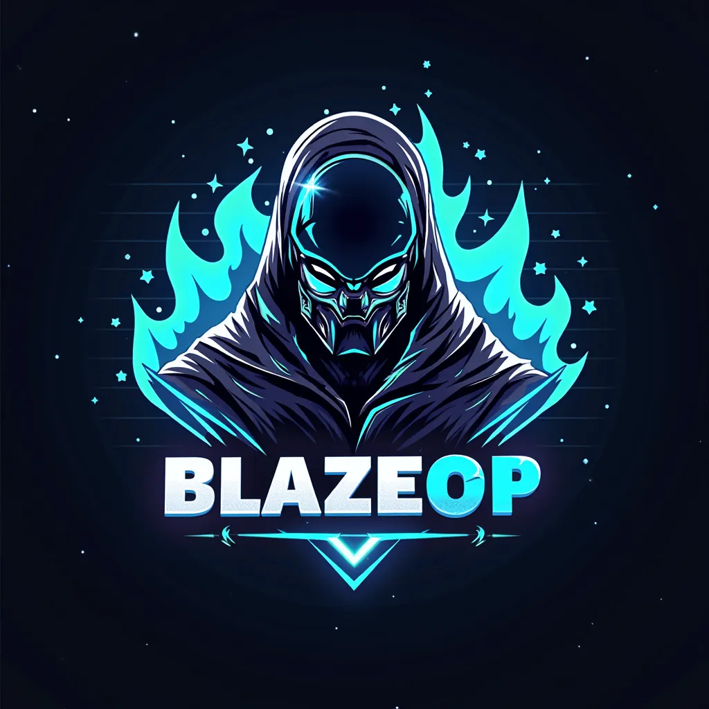 "A professional and modern gaming logo for 'BlazeOP', a BGMI (Battlegrounds Mobile India) gaming channel. The logo should feature a cool blue and black color scheme, creating a high-tech and futuristic feel. Include elements like a fierce gaming warrior, a...