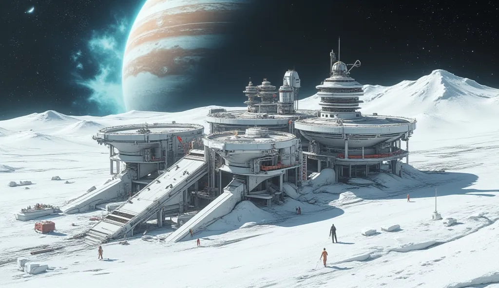 concept art. Soviet modular research station on the surface of Jupiter's icy moon Amalthea