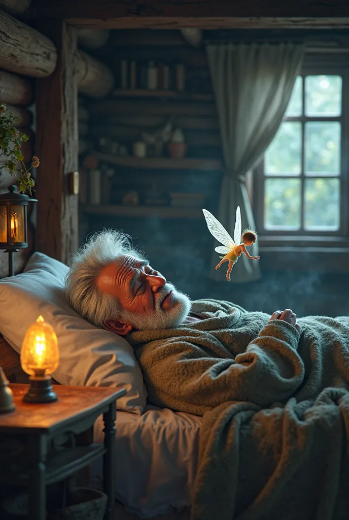 Can you draw an old man sleeping in his bed in his cabin while a little fairy watches him longingly to be animated please 