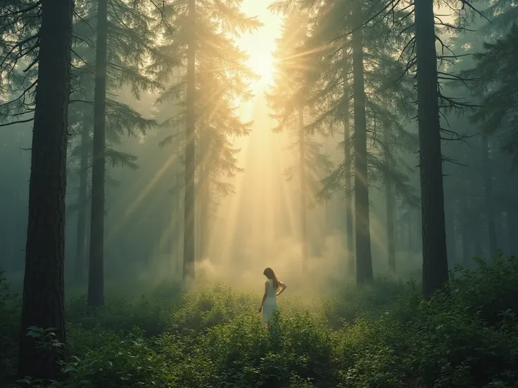 Mystic Foggy Forest – A dense pine forest covered in thick mist, with rays of morning sunlight breaking through the fog. Camera Shot: Medium shot, Camera Lens: 50mm f/1.4 – 1:1.