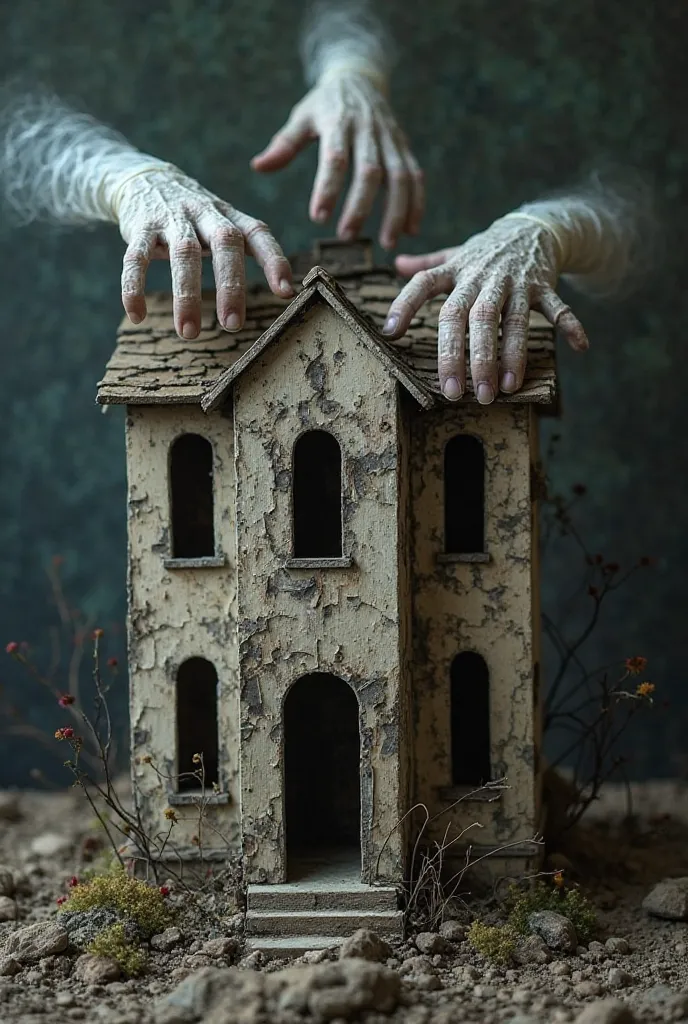 A haunted dollhouse looms against a somber backdrop, its cracked walls bearing the marks of time and untold stories. Though miniature, its presence seems overwhelming, as if shadows are seeping from within, filling the air with a heavy silence. The dark wi...