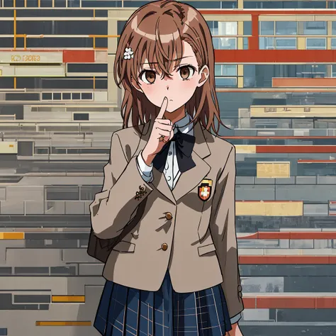 ((Highest quality)), ((masterpiece)), ( exhaustive), 1 girl, Alone, perfect face,  expressionless,  exhaustive face, Sleepy eyes,Rape Eyes, perfect hair,  exhaustive hair, Misaka Sister  ,Sisters   ,SISTERS,Sisterhood, brown jackets, 平たい胸, blazer, bow, ple...