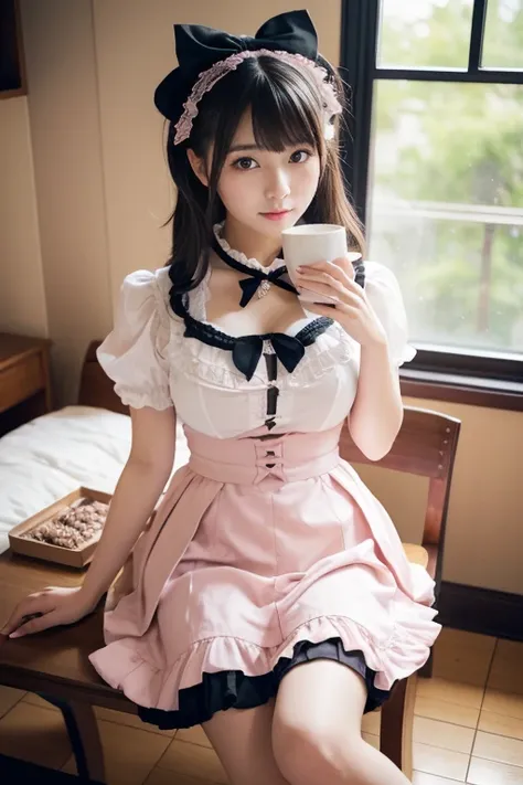 japanese,  1girl , beautiful,sitting, looking camera, holding coffee, natural light, ambient light, masterpiece, writing essay, biscuits on desk, light pink gothic lolita fashion,full bust,High Resolution, anatomically correct, Highest quality, knee shot, ...