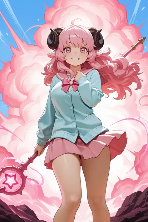 masterpiece, best quality, amazing quality, front view, 1girl, solo, sheep horn, smiling, long hair, pink hair, fluffy hair, curvy hair, pink eyes, pink sailor uniform, light blue cardigan, superhero standing pose, holding weapon, pink magic staff, (wind),...