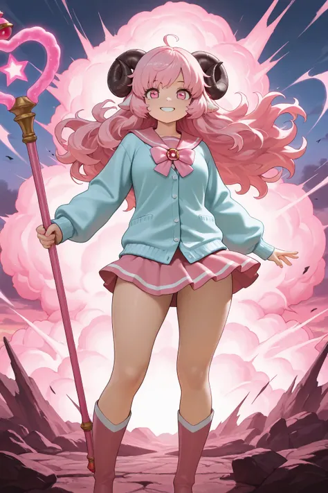 masterpiece, best quality, amazing quality, front view, 1girl, solo, sheep horn, smiling, long hair, pink hair, fluffy hair, curvy hair, pink eyes, pink sailor uniform, light blue cardigan, superhero standing pose, holding weapon, pink magic staff, (wind),...