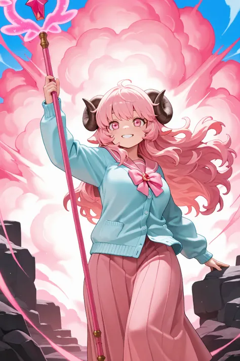 masterpiece, best quality, amazing quality, front view, 1girl, solo, sheep horn, smiling, long hair, pink hair, fluffy hair, curvy hair, pink eyes, pink sailor uniform, long skirt, light blue cardigan, superhero standing pose, holding weapon, pink magic st...