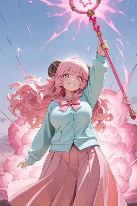 masterpiece, best quality, amazing quality, front view, 1girl, solo, sheep horn, smiling, long hair, pink hair, fluffy hair, curvy hair, pink eyes, pink sailor uniform, long skirt, light blue cardigan, superhero standing pose, holding weapon, pink magic st...