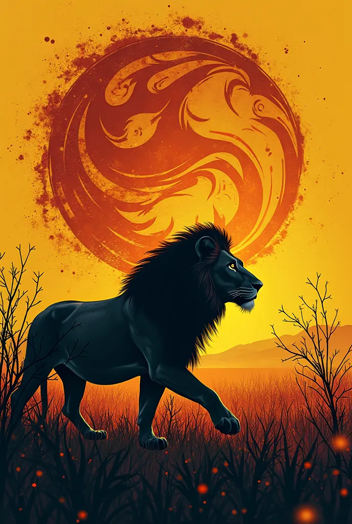 "Create a bold design showcasing the powerful silhouette of a lion prowling through the grasslands. Use swirling wind patterns and ancient tribal symbols to enhance the composition. The palette should include golden yellows, deep blacks, and rustic reds."
...