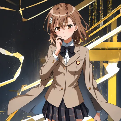 ((Highest quality)), ((masterpiece)), ( exhaustive), 1 girl, Alone,  expressionless,  exhaustive face, Sleepy eyes,Rape Eyes,Close eyes, perfect hair,  exhaustive hair, Misaka Sister  ,Sisters   ,SISTERS,Sisterhood, brown jackets, 平たい胸, blazer, bow, pleate...