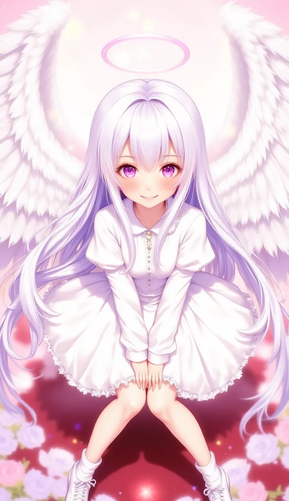 masterpiece, best quality, good quality, newest, highres, absurdres,Nichijou_illu, ,style parody, anime screenshot,1girl, halo, wings, solo, blood, smile, white footwear, angel wings, dress, looking at viewer, pink eyes, feathered wings, white dress, shoes...