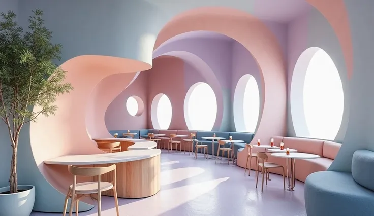 The biophilic style coffee shop design embodies the soft, dreamlike essence of a colorful cloud drifting slowly through the sky, creating a tranquil and soothing retreat. Delicate, cloud-like architectural elements flow through the space, mimicking the gra...