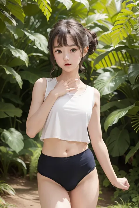 (masterpiece, best quality),  1girl , petites, loli, slim, wearing a Black gymnastics bloomers, High leg、white blouse, cowboy shot, in dark forest, serious,  