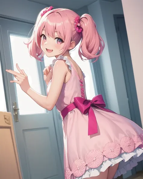 Best quality, high resolution, detailed, beautiful image quality, one girl, cute dress with frills, pink dress, pink hair, twin tails, , lolicon feel, smiling, white and pink room, facing forward, cute gestures,