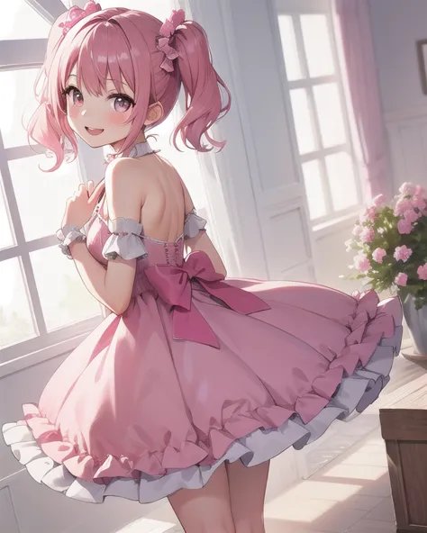 Best quality, high resolution, detailed, beautiful image quality, one girl, cute dress with frills, pink dress, pink hair, twin tails, , lolicon feel, smiling, white and pink room, facing forward, cute gestures,