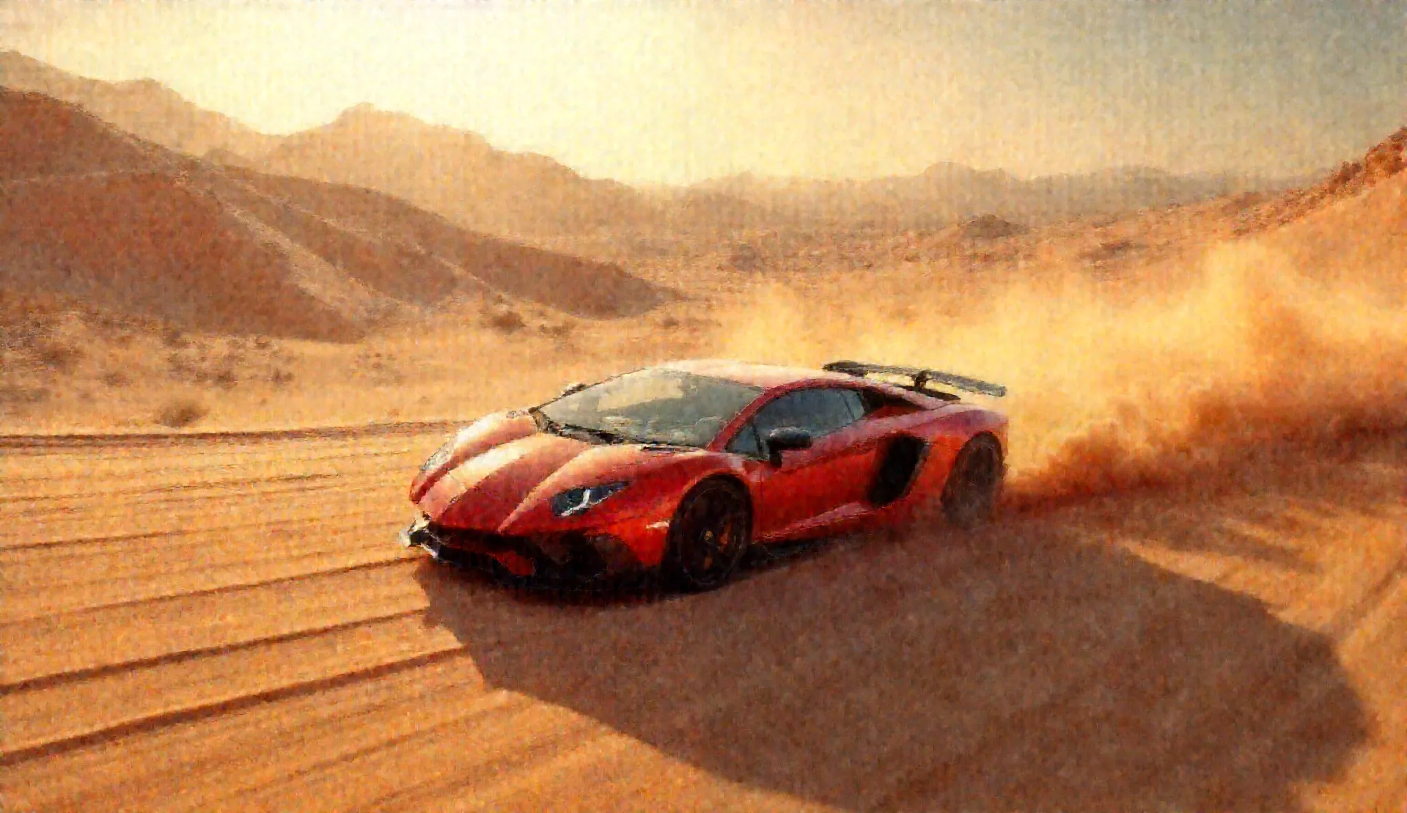 Unique image of riding red Lamborghini avantador on road between deserts of Dubai.