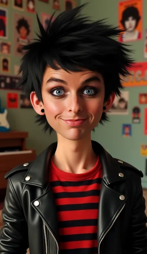 "Realistic portrait of Billie Joe Armstrong, lead singer of Green Day, depicted as a  . His black hair is messy and slightly tousled, with his iconic large, expressive green eyes. His face retains his characteristic features but adapted to a youthful appea...