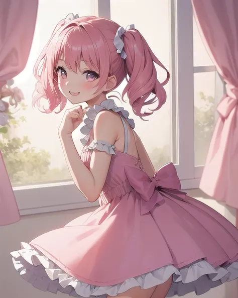 Best quality, high resolution, detailed, beautiful image quality, one girl, cute dress with frills, pink dress, pink hair, twin tails, , lolicon feel, smiling, white and pink room, facing forward, cute gestures,