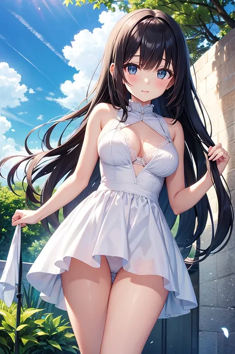 Highest quality,Beautiful Girl,long hair, black hair,delicate body, modest breasts,white dress, underwear is transparent,blue sky, Compa