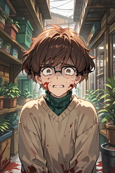 Masterpiece, highest quality, 8k, hdr,1boy, very short curly brown hair, glasses, sweater, khakis, plant shop in background, blood splatter, detailed, blood on face and clothes, scared pose, dynamic pose, anime, detailed, male focus