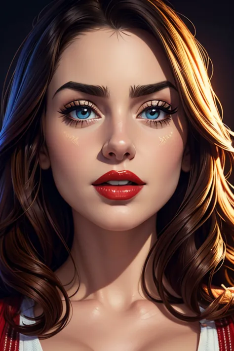 A portrait of a beautiful female whose facial features are a combo of Lily Collins + Grace Phipps + Kelly Brook. The female's hair is untied and hangs loose. The female has lovely makeup on her face. The female wears red lipstick. Comic-style realism anima...