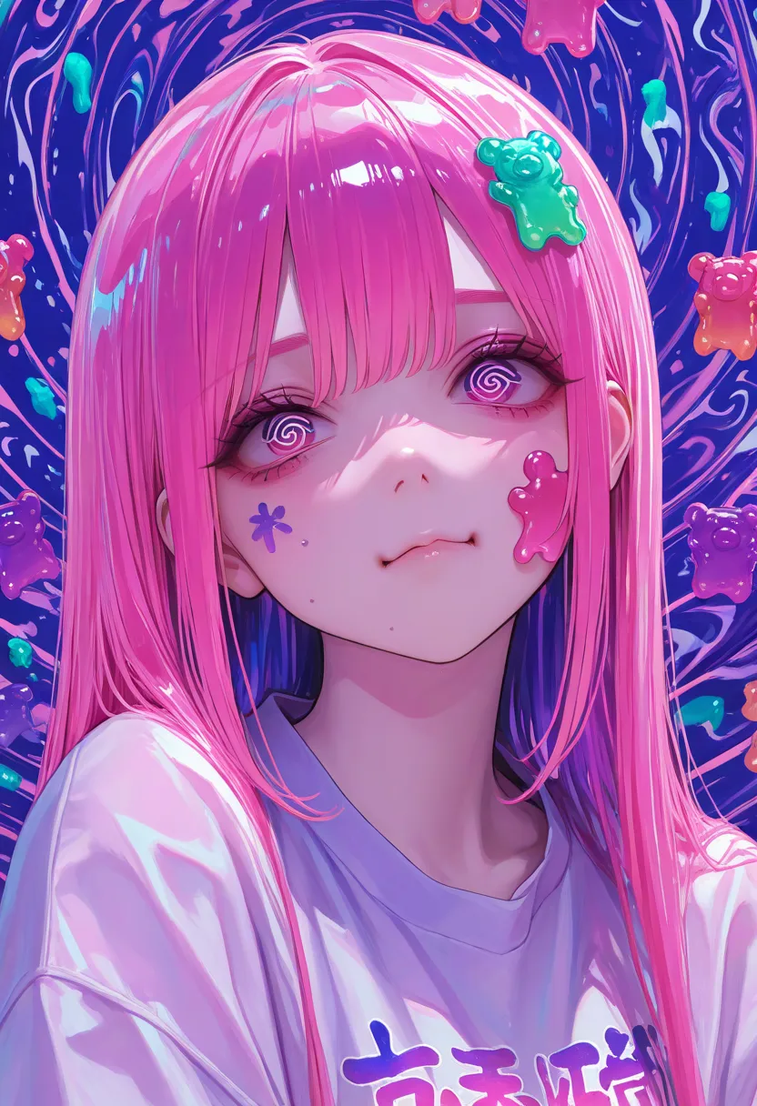 Anime girl shiny fluorescent straight hair, color purple neon pink ,swollen cheeks,colorful Chinese letters,gelatin hair, spiral eyes ,Gummy bear