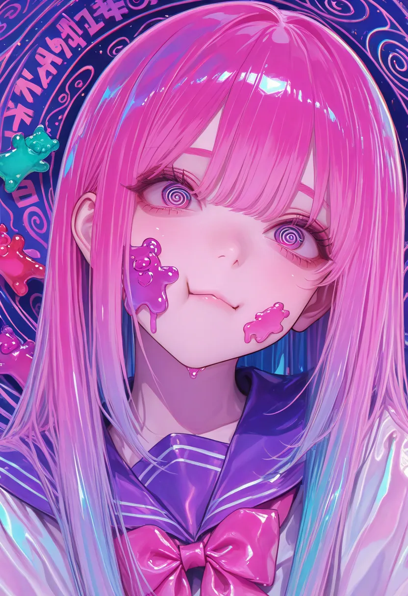 Anime girl shiny fluorescent straight hair, color purple neon pink ,swollen cheeks,colorful Chinese letters,gelatin hair, spiral eyes ,Gummy bear