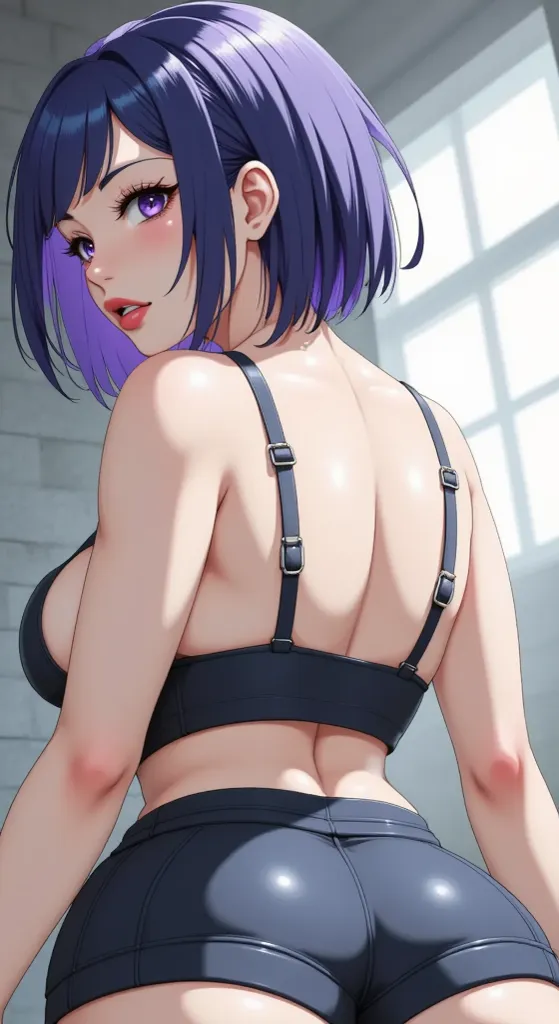 Edit the anime image with less formal and more youthful clothes, In black and purple. full lips