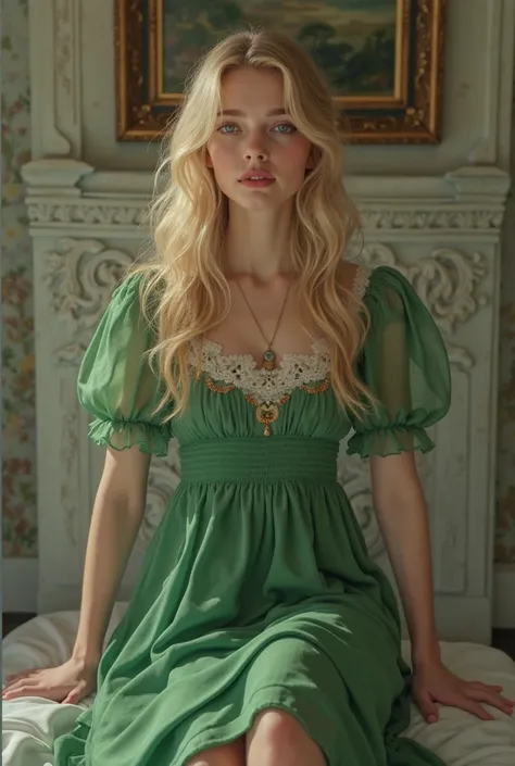 Cute blonde in her mid-20s is wearing a green riverdance dress. She is cuffing her fingers in front of her crotch. She is crossing her legs tightly and looks like she needs to pee very badly