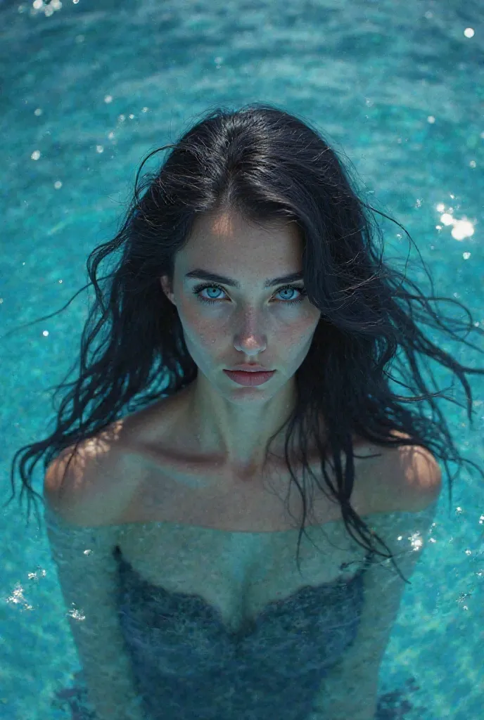 Make a cover of the book A Beautiful Woman with Black Hair and Blue Eyes in the Sea