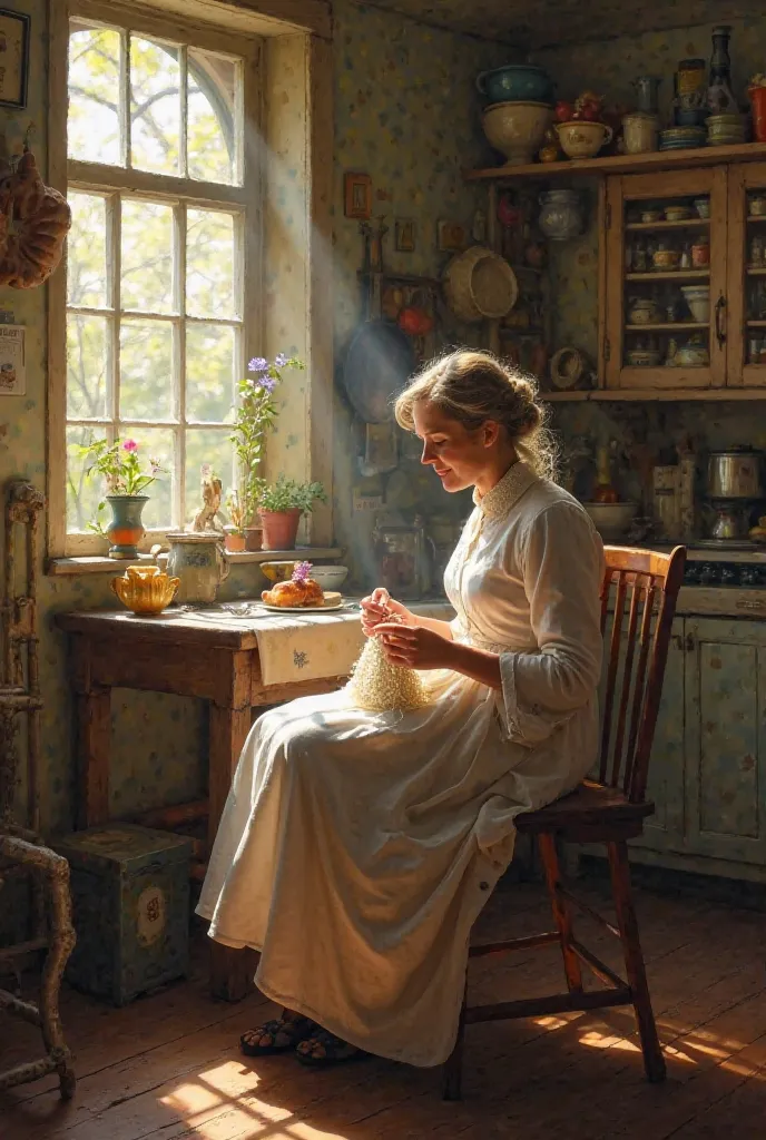 Here in the kitchen sat Marilla Cuthbert, when she sat at all, always slightly distrustful of sunshine, which seemed to her too dancing and irresponsible a thing for a world which was meant to be taken seriously; and here she sat now, knitting, and the tab...