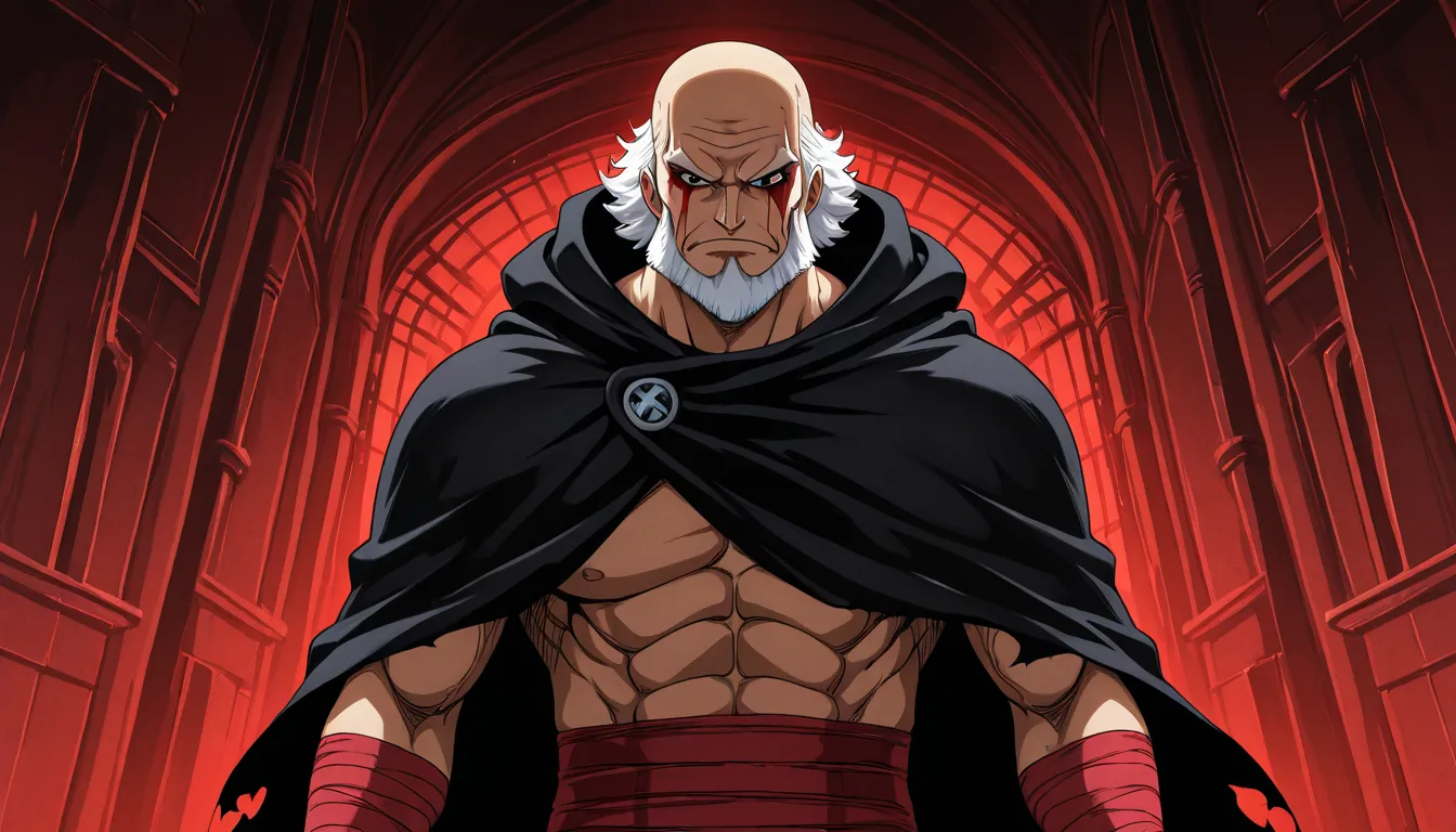 Old man, muscular and robust body, bald head, white beard, dark eyes with red pupils, blood coming out of the eyes, thick white eyebrows, black hooded cloak with red interior, tight black clothing, red bandages on the arms, blood circulating around the bod...