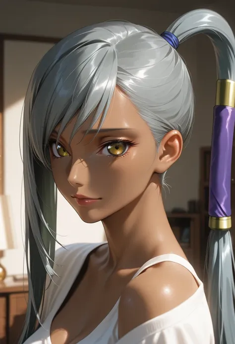 masterpiece, best quality, vibrant, very aesthetic, high contrast, photorealistic portrait,beautiful detailed face,detailed texture,detailed skin, newest, 1girl,code geass,source_code geass,Villetta Nu,pony tail,shirt,room,realistic lighting
