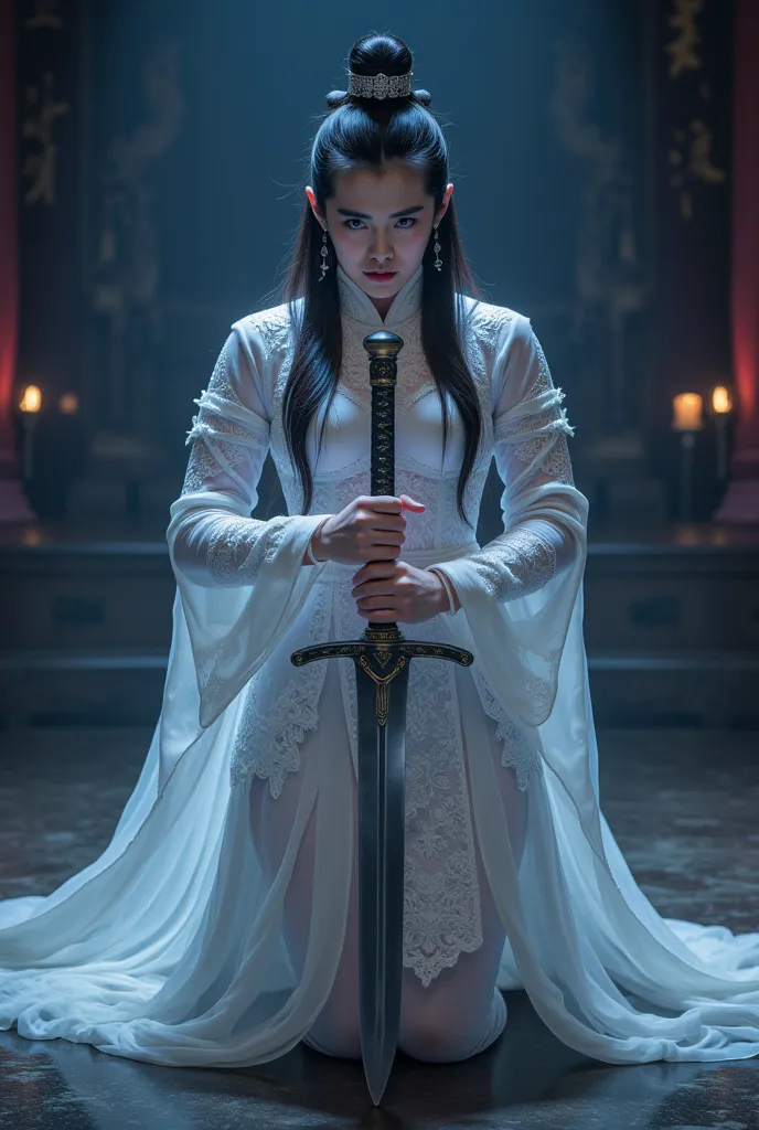 A battle scene in which a sexy female white ninja lands、Place one hand on the floor and hold the wuxia long sword horizontally in front of your face.、Intricate chain mail that fits the body perfectly、sexy， Serious Eyes、Low fighting stance、surrounded by the...